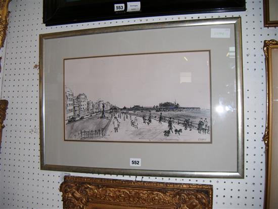 Phyllis Hindle, pen, ink and watercolour- Seafront, Brighton